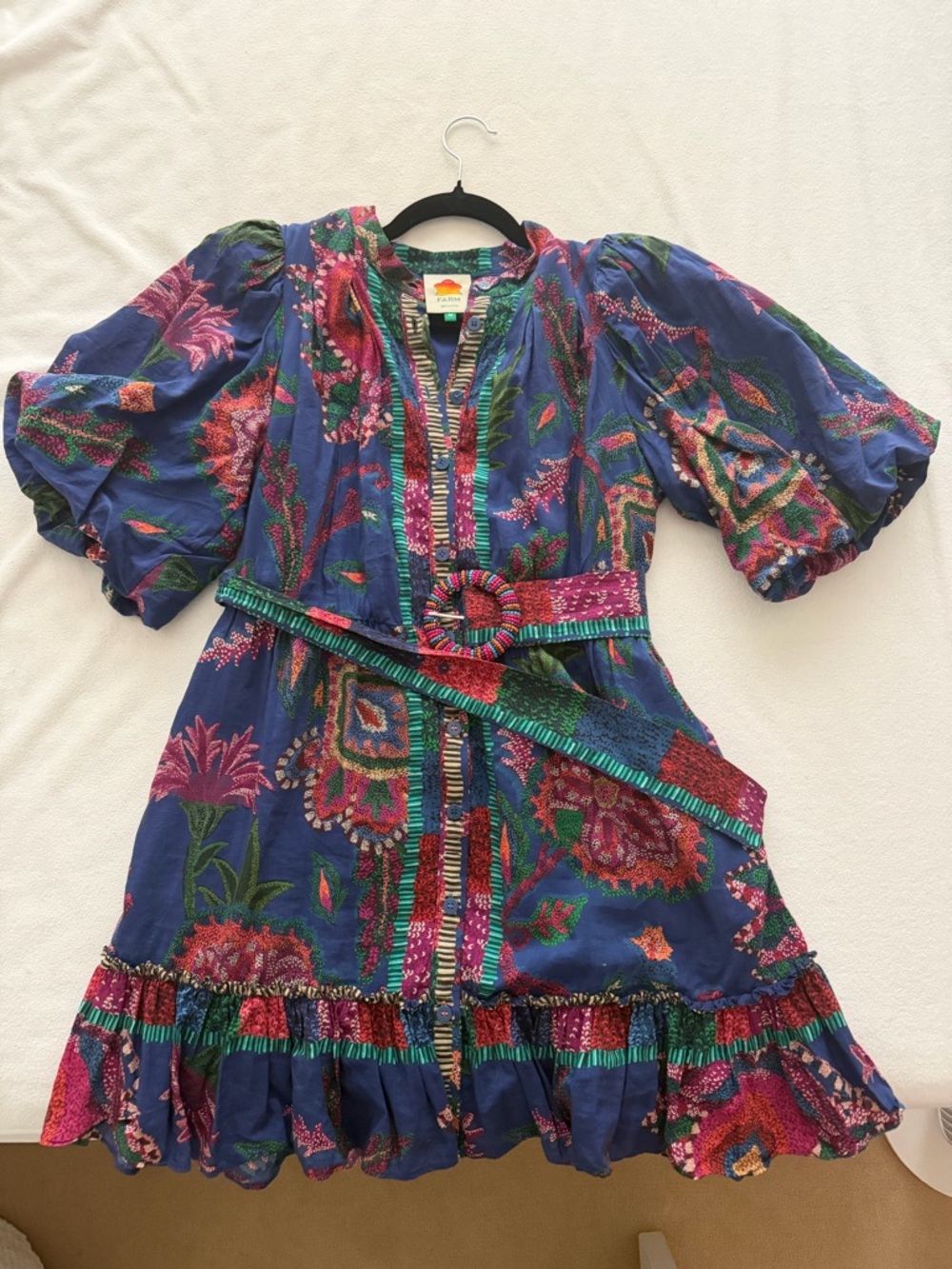 FARM Rio Navy Floral Puff-Sleeve Belted Mini Dress
